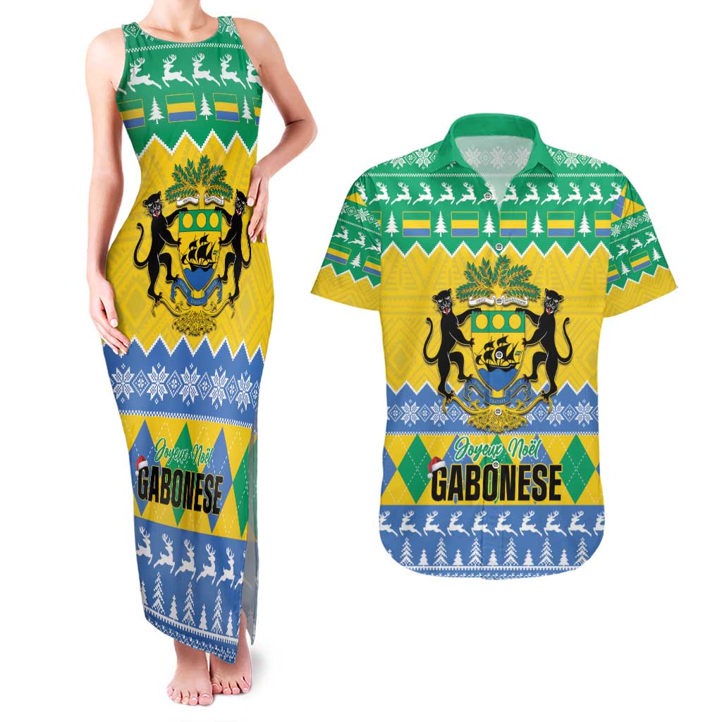 Gabon Christmas Couples Matching Tank Maxi Dress and Hawaiian Shirt Joyeux Noel Coat Of Arms - Wonder Print Shop