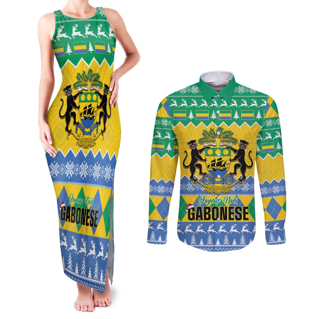 Gabon Christmas Couples Matching Tank Maxi Dress and Long Sleeve Button Shirt Joyeux Noel Coat Of Arms - Wonder Print Shop