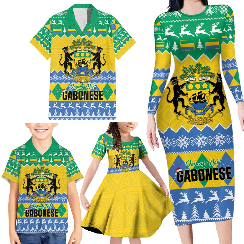 Gabon Christmas Family Matching Long Sleeve Bodycon Dress and Hawaiian Shirt Joyeux Noel Coat Of Arms - Wonder Print Shop