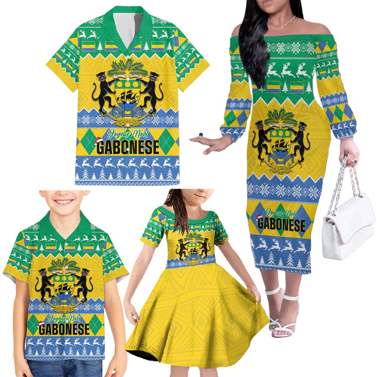 Gabon Christmas Family Matching Off The Shoulder Long Sleeve Dress and Hawaiian Shirt Joyeux Noel Coat Of Arms - Wonder Print Shop