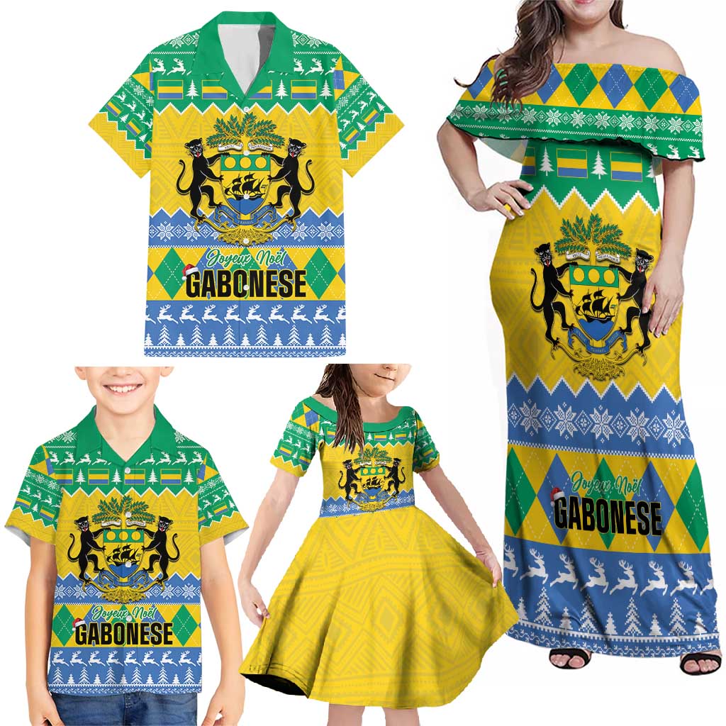 Gabon Christmas Family Matching Off Shoulder Maxi Dress and Hawaiian Shirt Joyeux Noel Coat Of Arms - Wonder Print Shop