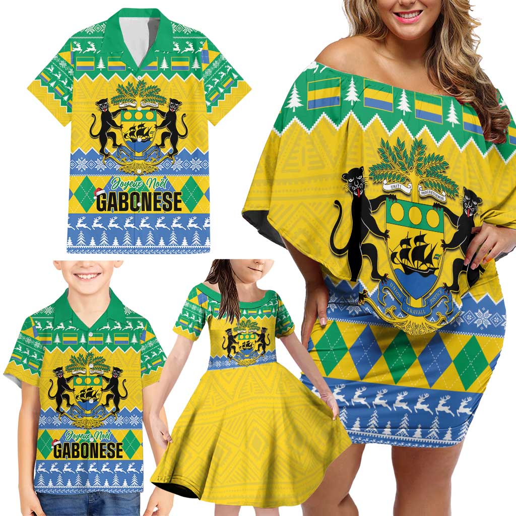 Gabon Christmas Family Matching Off Shoulder Short Dress and Hawaiian Shirt Joyeux Noel Coat Of Arms - Wonder Print Shop