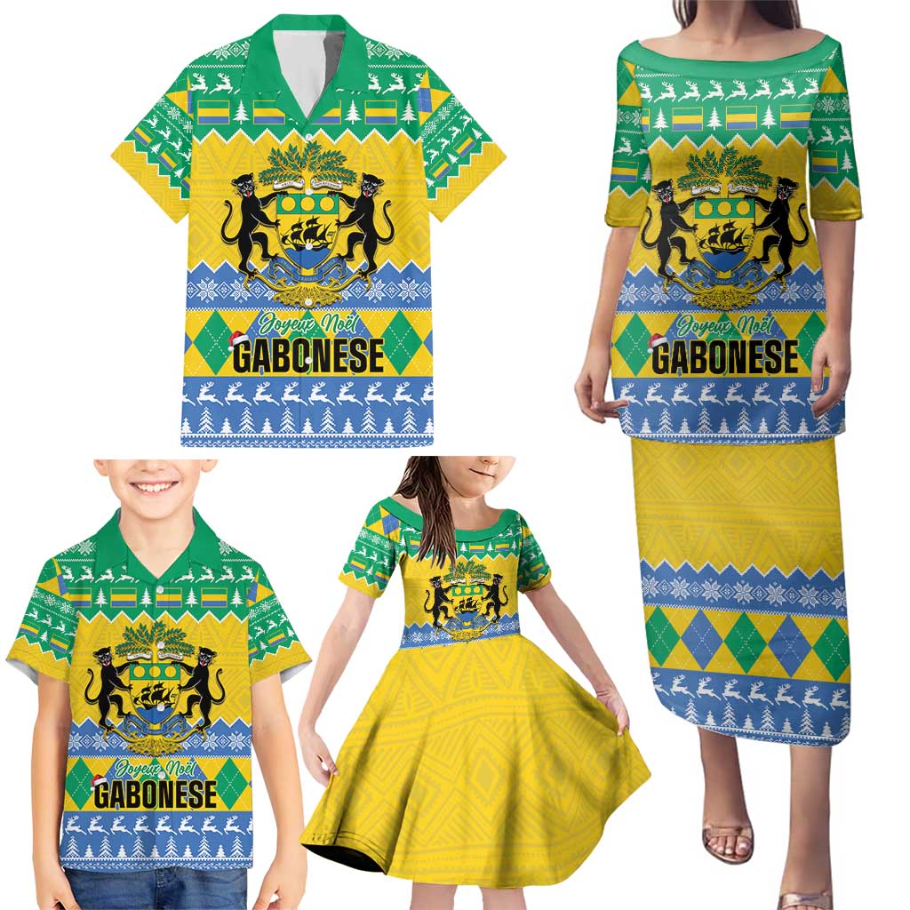 Gabon Christmas Family Matching Puletasi and Hawaiian Shirt Joyeux Noel Coat Of Arms - Wonder Print Shop