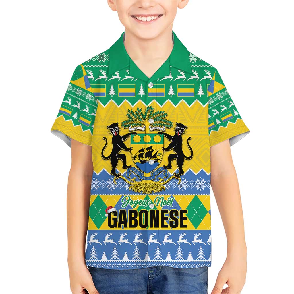 Gabon Christmas Kid Hawaiian Shirt Joyeux Noel Coat Of Arms - Wonder Print Shop