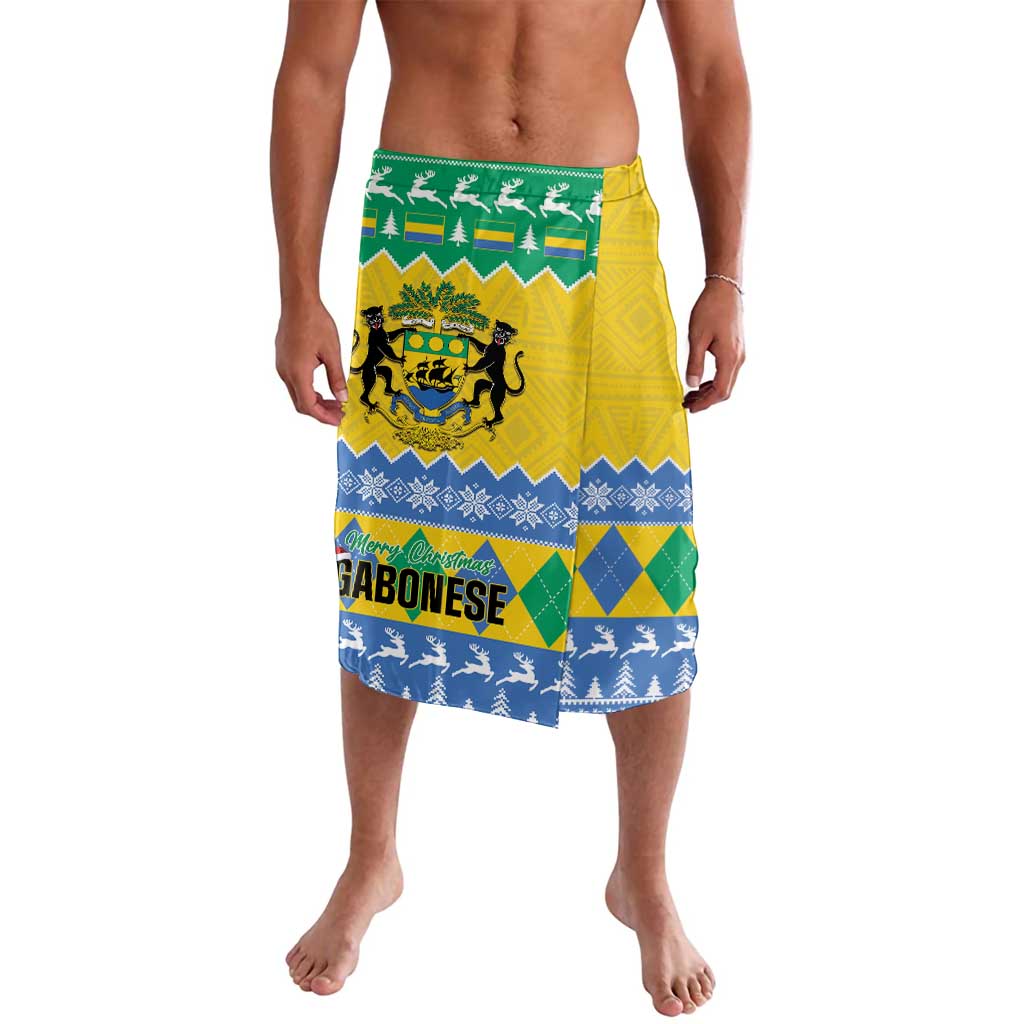 Knee-length wrap skirt with Gabonese text, crest, yellow/blue/green holiday print