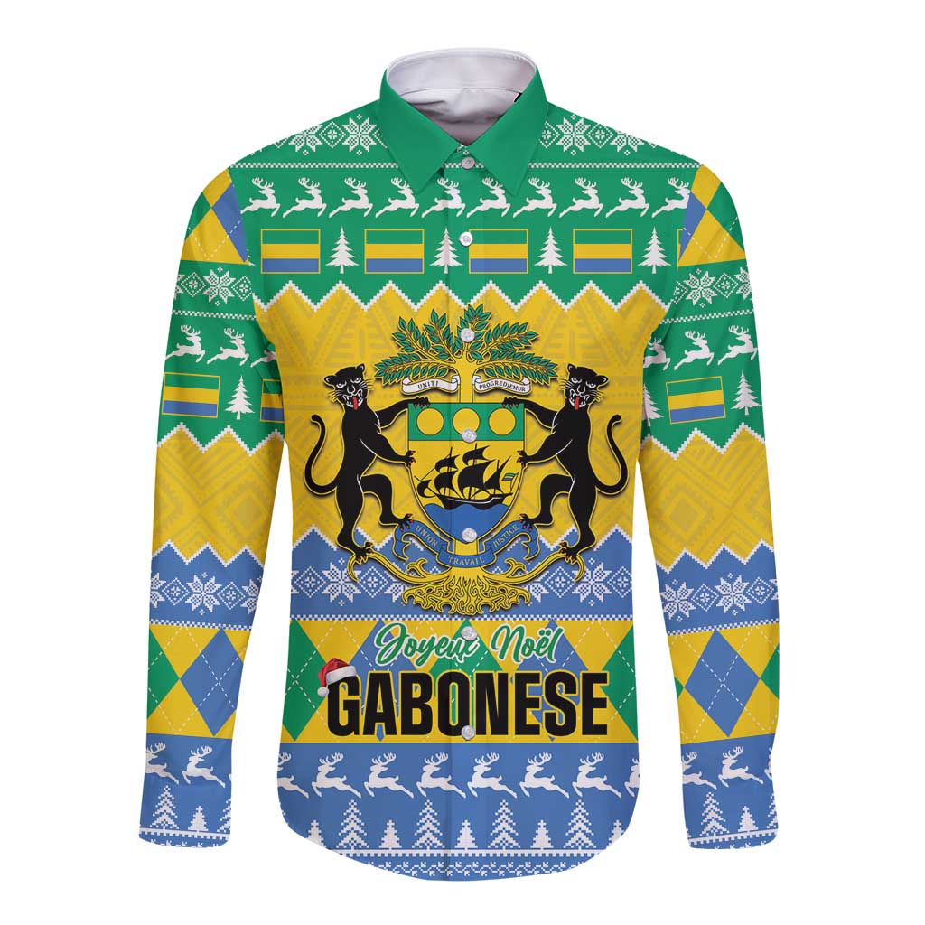 Green long sleeve button shirt with festive crest and striped Christmas pattern