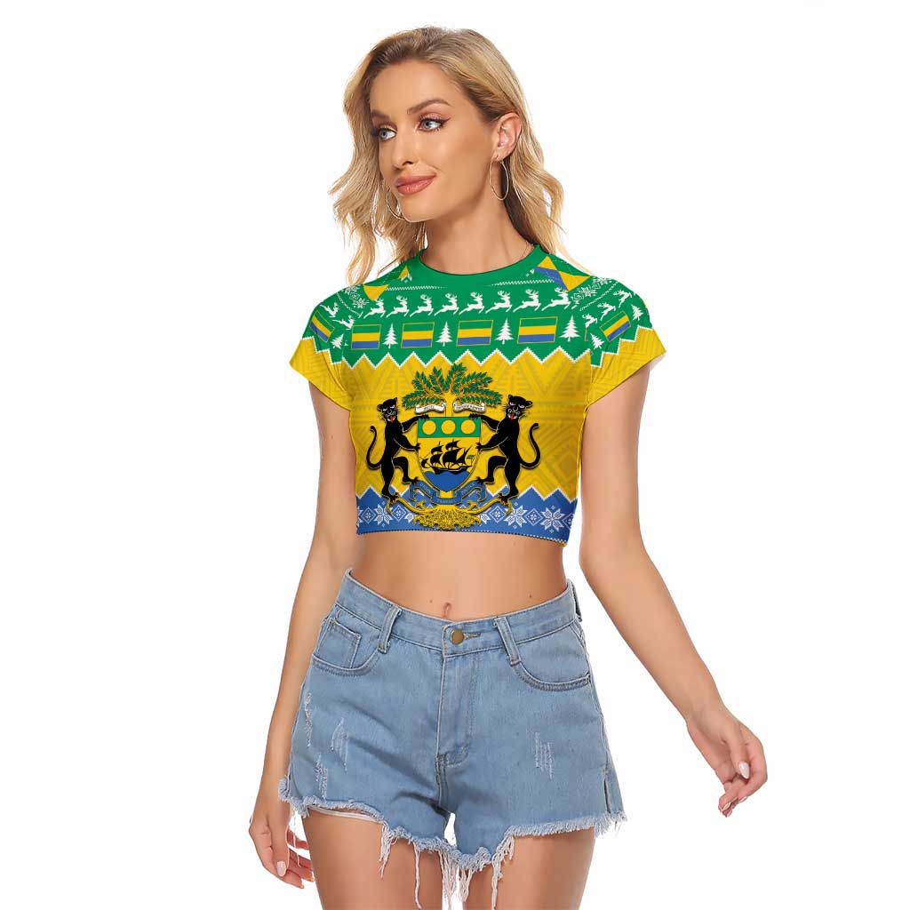 Gabon Christmas Raglan Cropped T Shirt Joyeux Noel Coat Of Arms - Wonder Print Shop