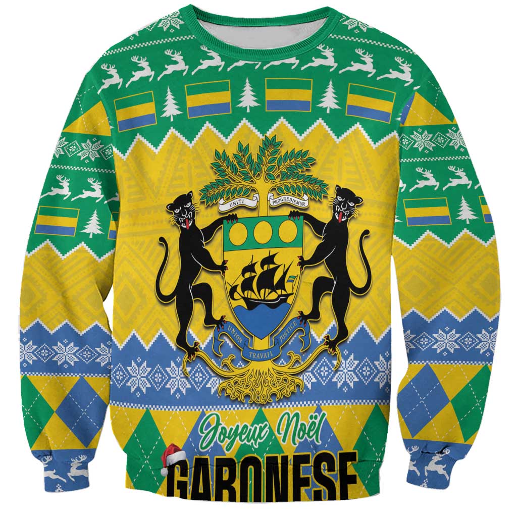 Green unisex Christmas sweatshirt with coat of arms, reindeer trees, Joyeux Noel print