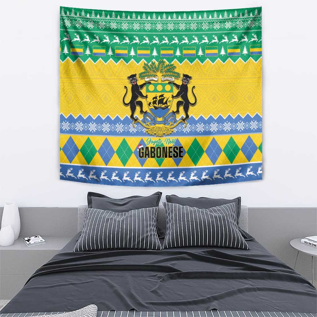 Rectangular Gabon Christmas tapestry with coat-of-arms crest and multicolor festive stripe pattern
