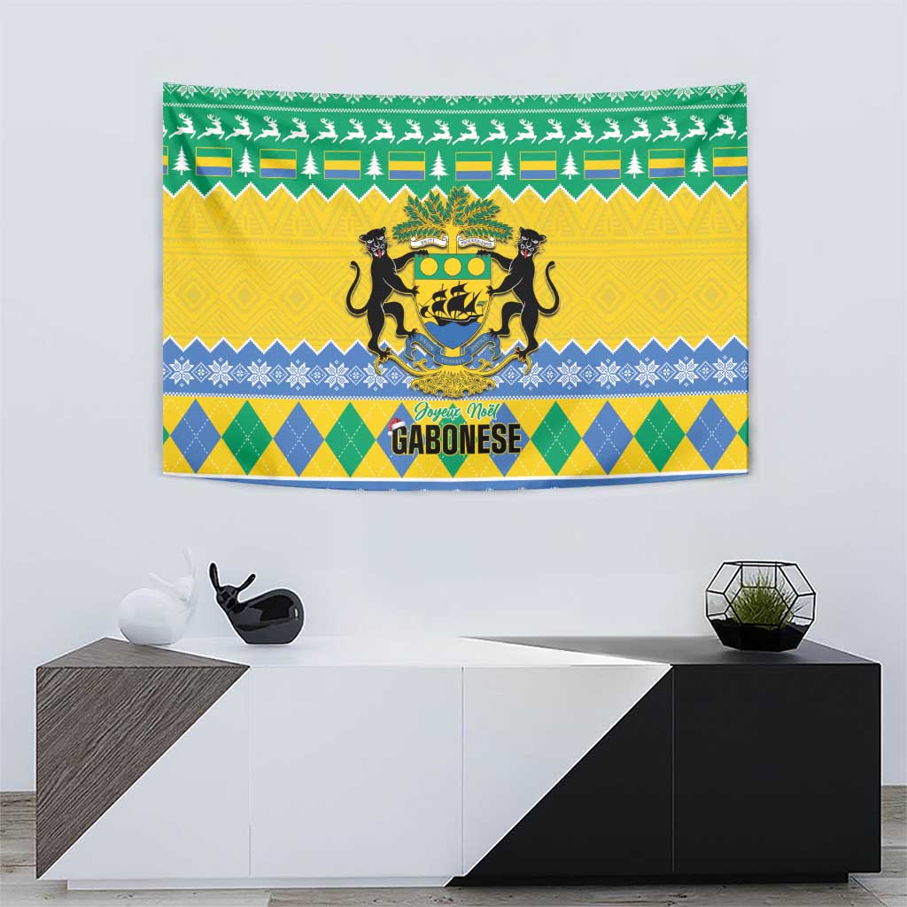Wall-hung Gabon Christmas tapestry featuring coat-of-arms crest over green, yellow, and blue bands