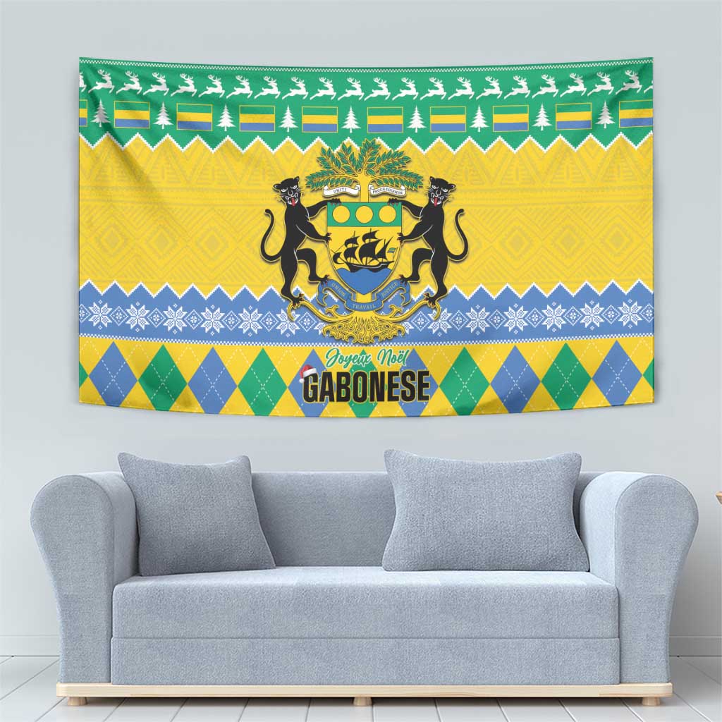 Gabon Christmas tapestry with large coat-of-arms crest and holiday border of trees and icons