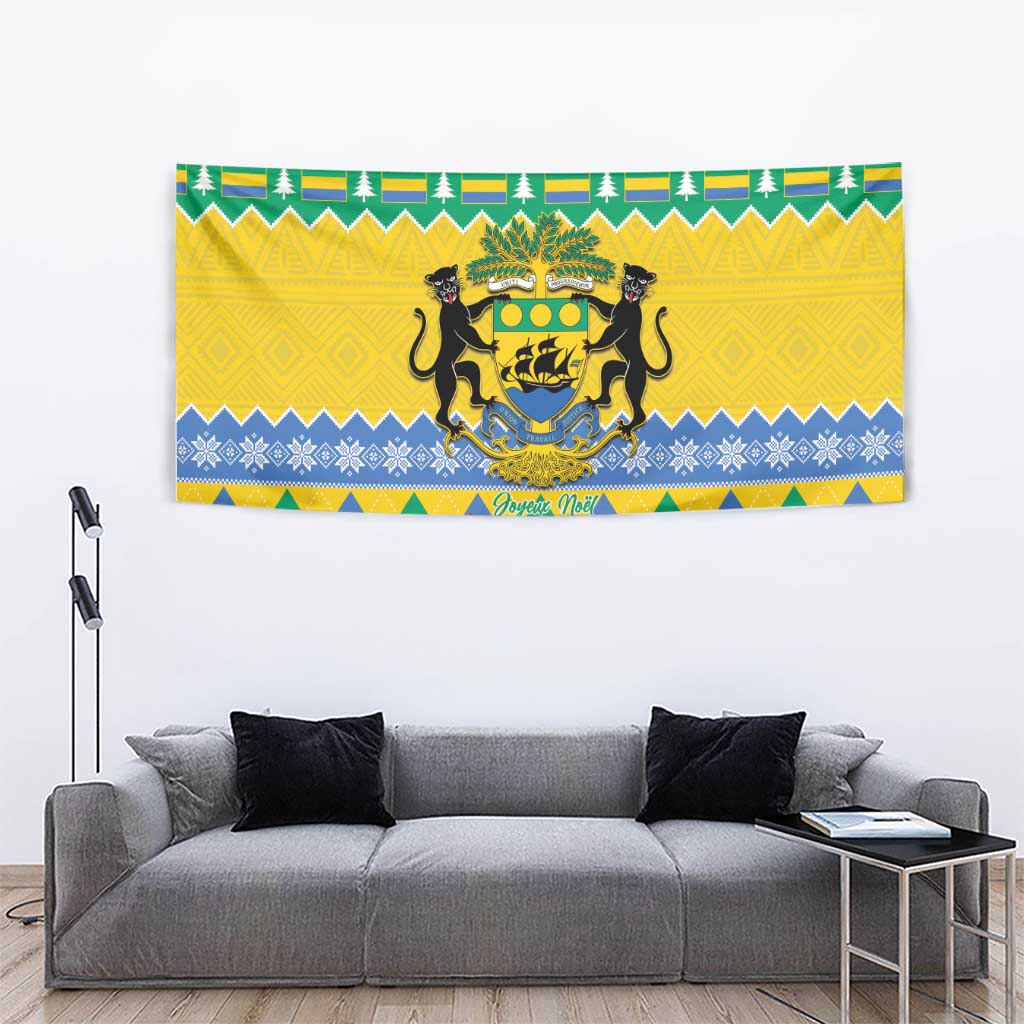 Gabon Christmas tapestry, green and yellow festive stripes with coat-of-arms crest centerpiece
