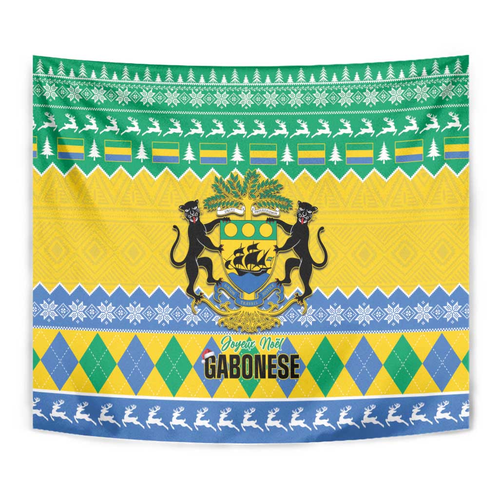 Gabon Christmas tapestry with coat-of-arms crest and green, yellow, and blue diamond and tree pattern