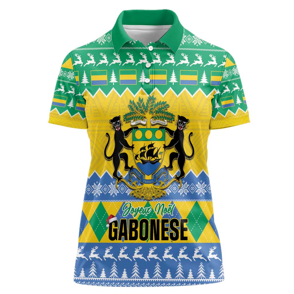 Gabon Christmas Women Polo Shirt Joyeux Noel Coat Of Arms - Wonder Print Shop