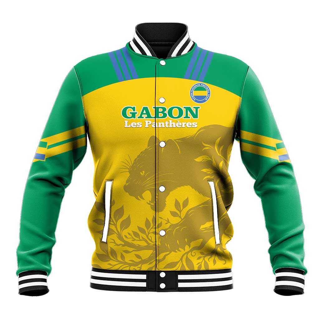 Green and yellow varsity baseball jacket, button front, striped collar, GABON graphic