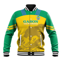 Green and yellow varsity baseball jacket, button front, striped collar, GABON graphic