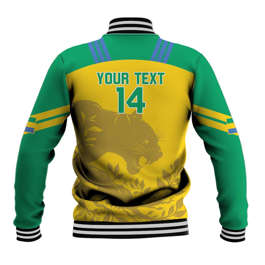Green and yellow baseball jacket with striped collar, YOUR TEXT and 14 on back