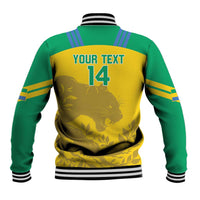 Green and yellow baseball jacket with striped collar, YOUR TEXT and 14 on back