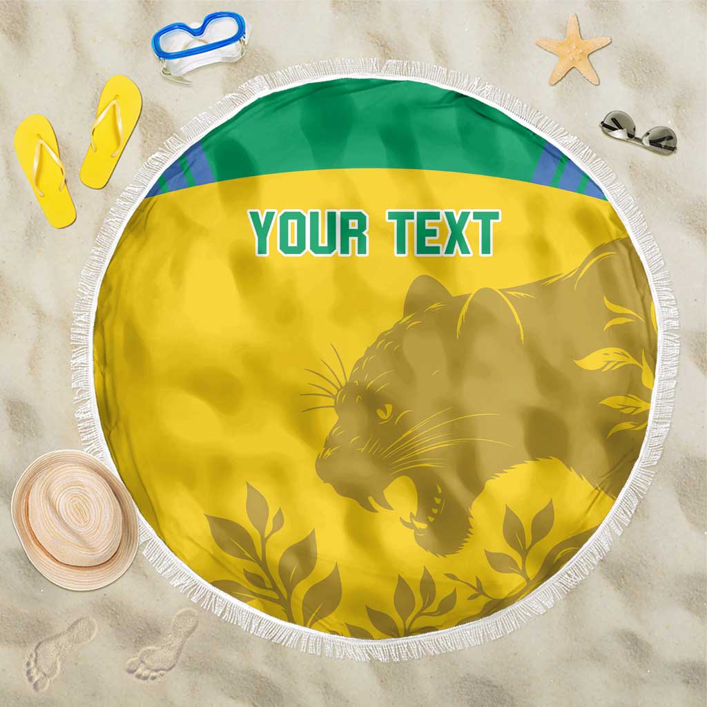 Yellow round beach blanket with white fringe, green border, cat and leaf graphics, YOUR TEXT