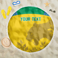 Yellow round beach blanket with white fringe, green border, cat and leaf graphics, YOUR TEXT