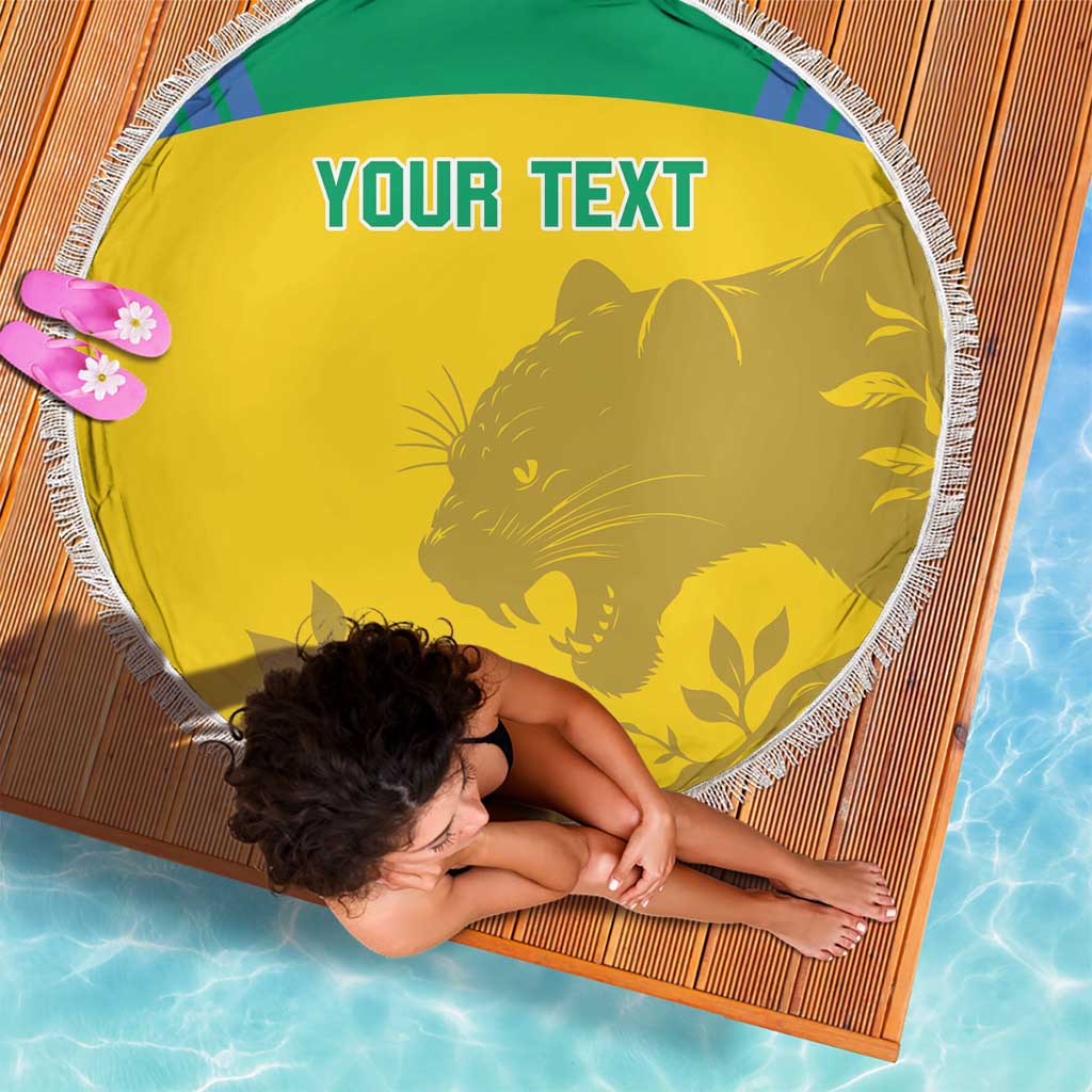 Yellow round beach blanket with white fringe edge, green border, cat graphic and YOUR TEXT