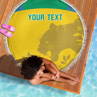Yellow round beach blanket with white fringe edge, green border, cat graphic and YOUR TEXT