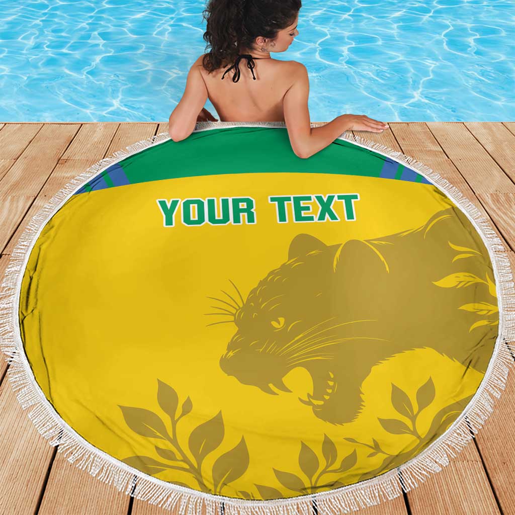 Round yellow beach blanket with white fringe and green border, cat and leaves, YOUR TEXT