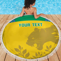 Round yellow beach blanket with white fringe and green border, cat and leaves, YOUR TEXT