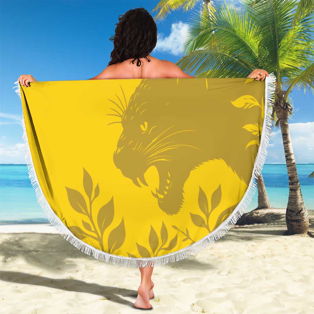 Yellow round beach blanket with white fringe and green border, cat silhouette and YOUR TEXT