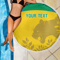 Yellow round beach blanket with white fringe, green border, cat and leaves, YOUR TEXT