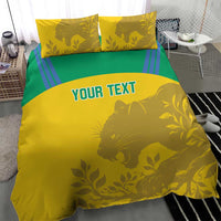 Yellow duvet and green stripe bedding set with “YOUR TEXT” and two pillowcases
