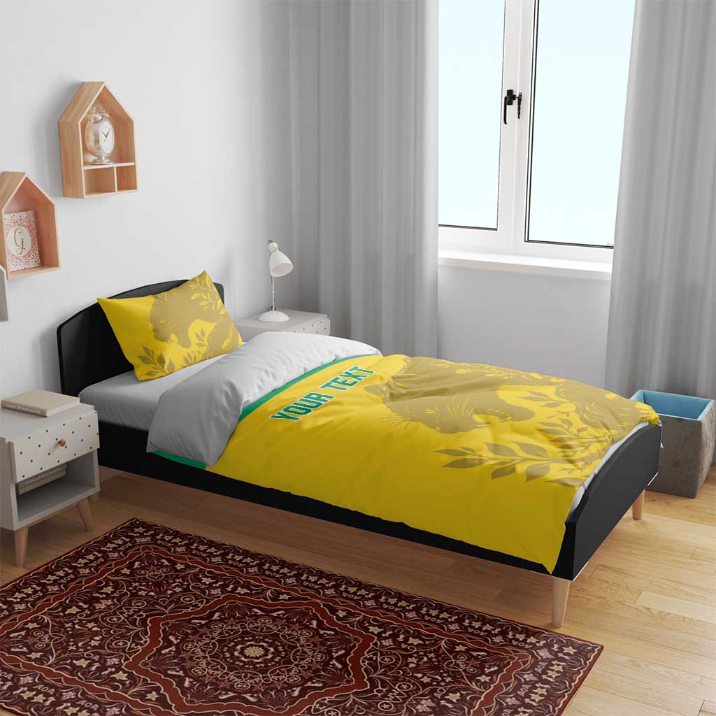 Yellow and green bedding set with “YOUR TEXT” panel and two matching pillows