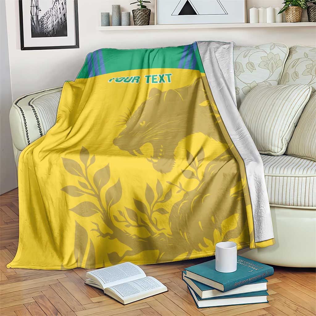 Custom football blanket in yellow and green with custom text and animal silhouette