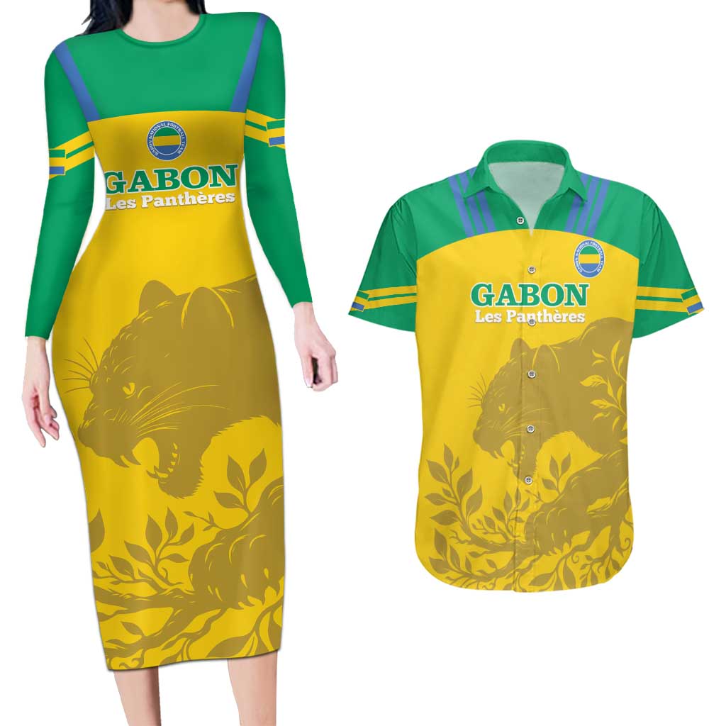 Custom Gabon Football Couples Matching Long Sleeve Bodycon Dress and Hawaiian Shirt Allez Les Pantheres - Wonder Print Shop