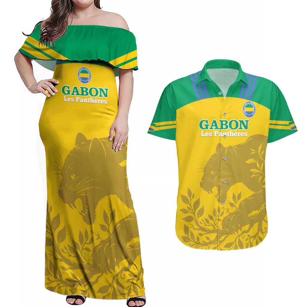 Custom Gabon Football Couples Matching Off Shoulder Maxi Dress and Hawaiian Shirt Allez Les Pantheres - Wonder Print Shop