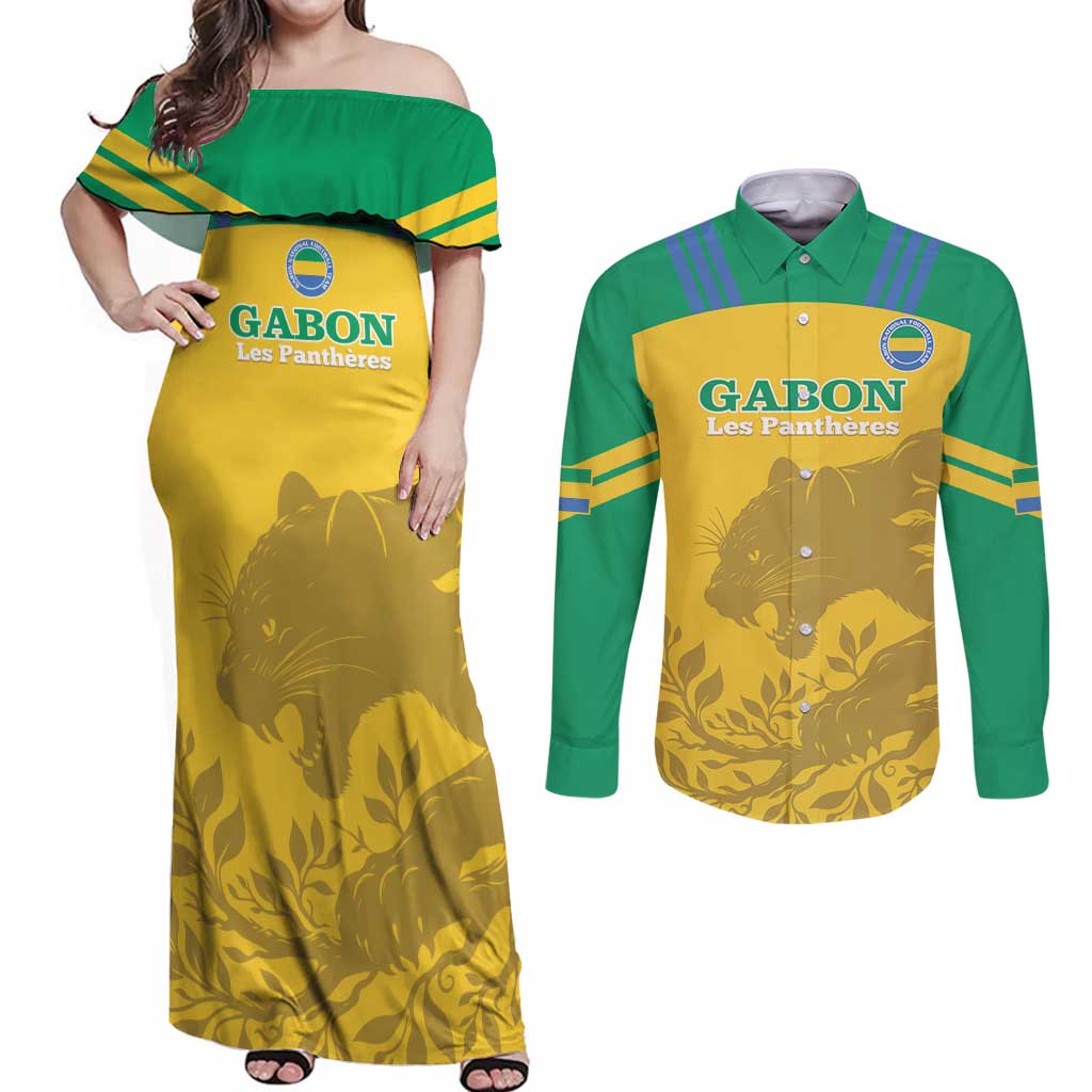 Custom Gabon Football Couples Matching Off Shoulder Maxi Dress and Long Sleeve Button Shirt Allez Les Pantheres - Wonder Print Shop