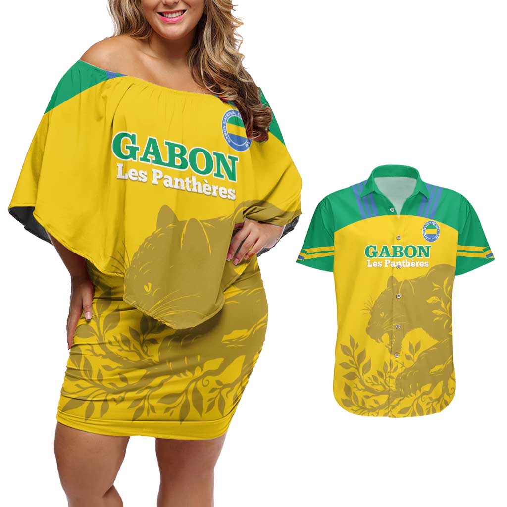 Custom Gabon Football Couples Matching Off Shoulder Short Dress and Hawaiian Shirt Allez Les Pantheres - Wonder Print Shop