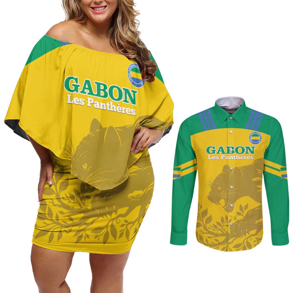 Custom Gabon Football Couples Matching Off Shoulder Short Dress and Long Sleeve Button Shirt Allez Les Pantheres - Wonder Print Shop