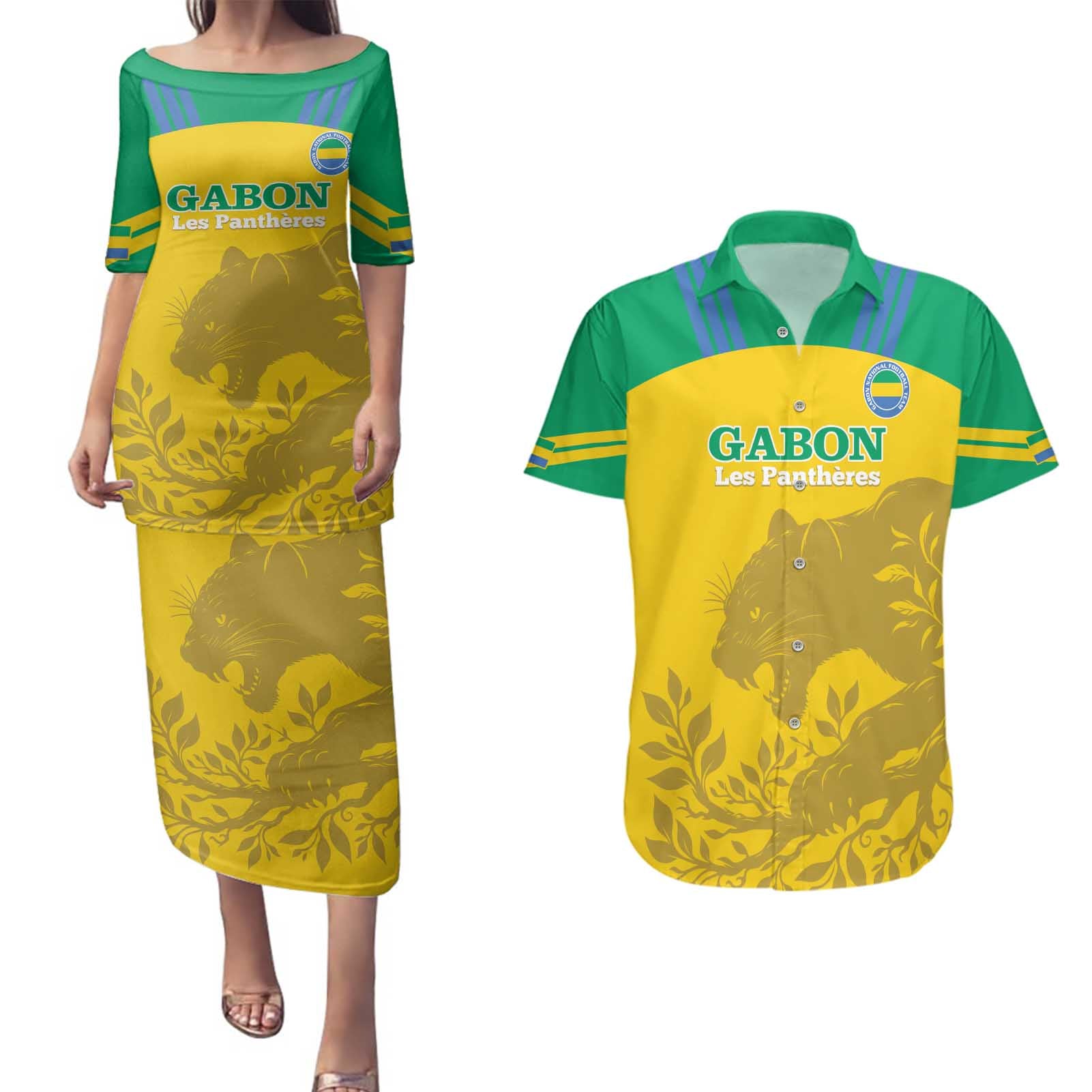 Custom Gabon Football Couples Matching Puletasi and Hawaiian Shirt Allez Les Pantheres - Wonder Print Shop