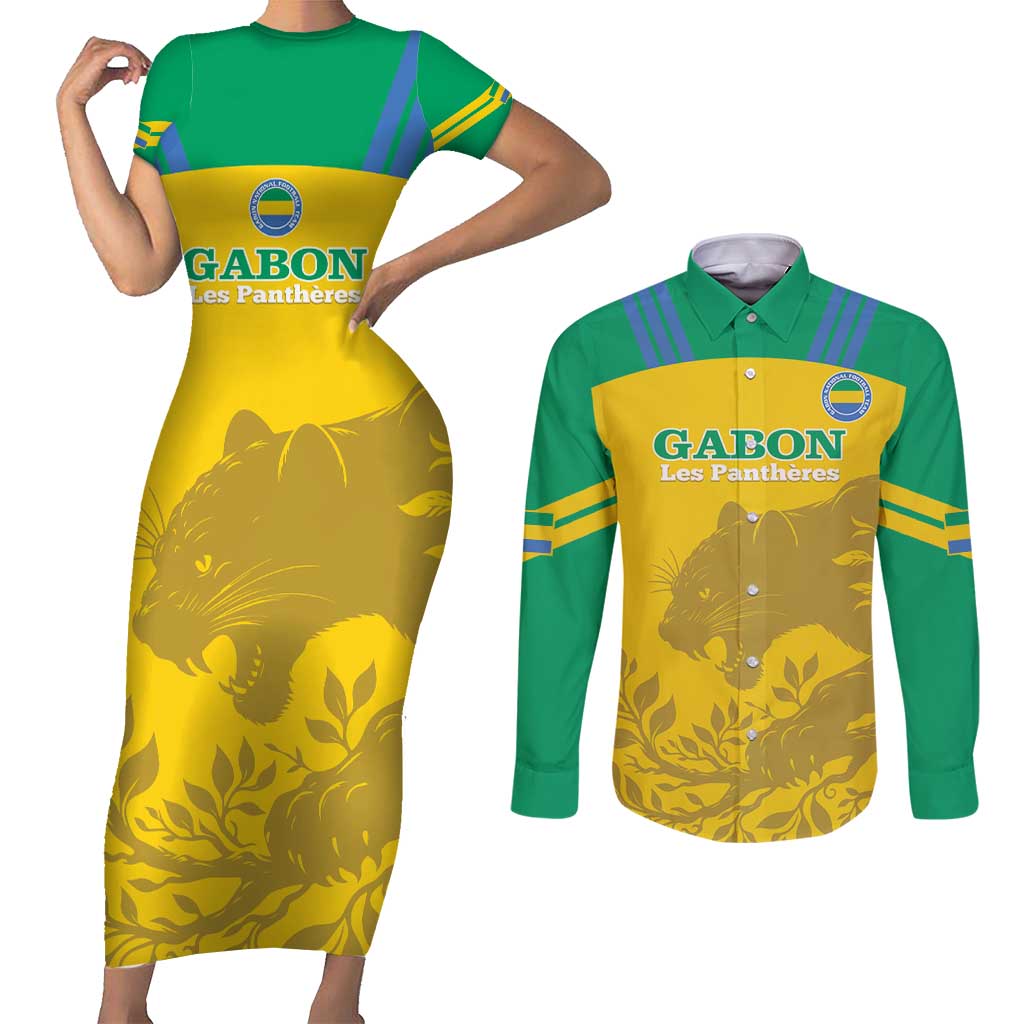 Custom Gabon Football Couples Matching Short Sleeve Bodycon Dress and Long Sleeve Button Shirt Allez Les Pantheres - Wonder Print Shop