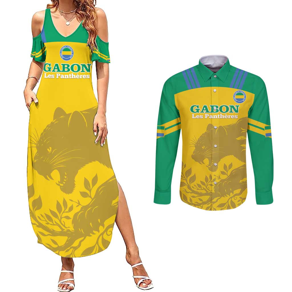 Custom Gabon Football Couples Matching Summer Maxi Dress and Long Sleeve Button Shirt Allez Les Pantheres - Wonder Print Shop