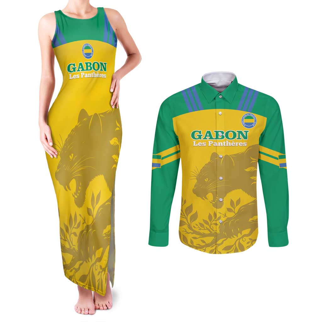 Custom Gabon Football Couples Matching Tank Maxi Dress and Long Sleeve Button Shirt Allez Les Pantheres - Wonder Print Shop