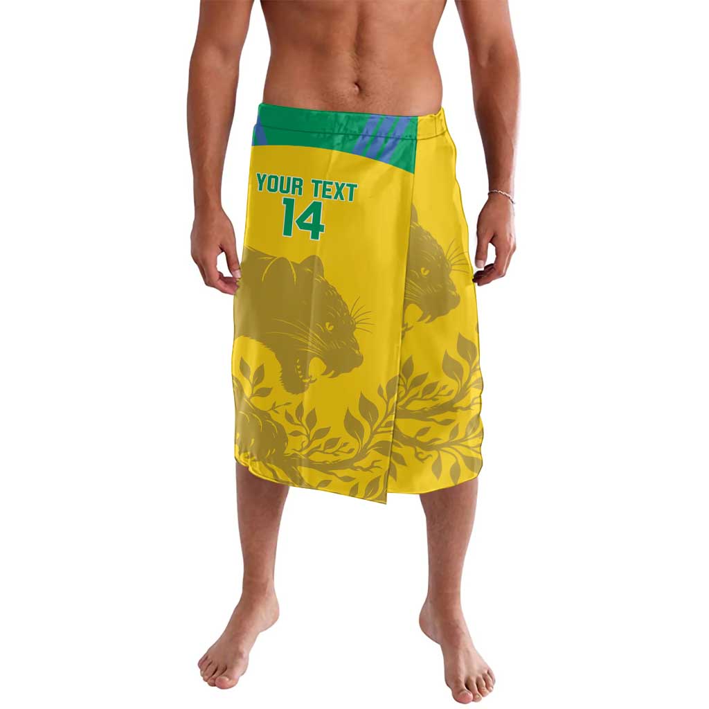 Yellow football lavalava with green waistband and bold front text and number 14