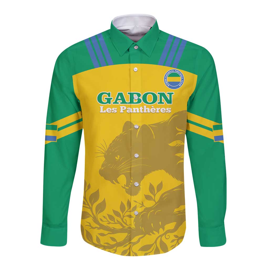 Green and yellow long-sleeve football button shirt with GABON Les Pantheres graphic