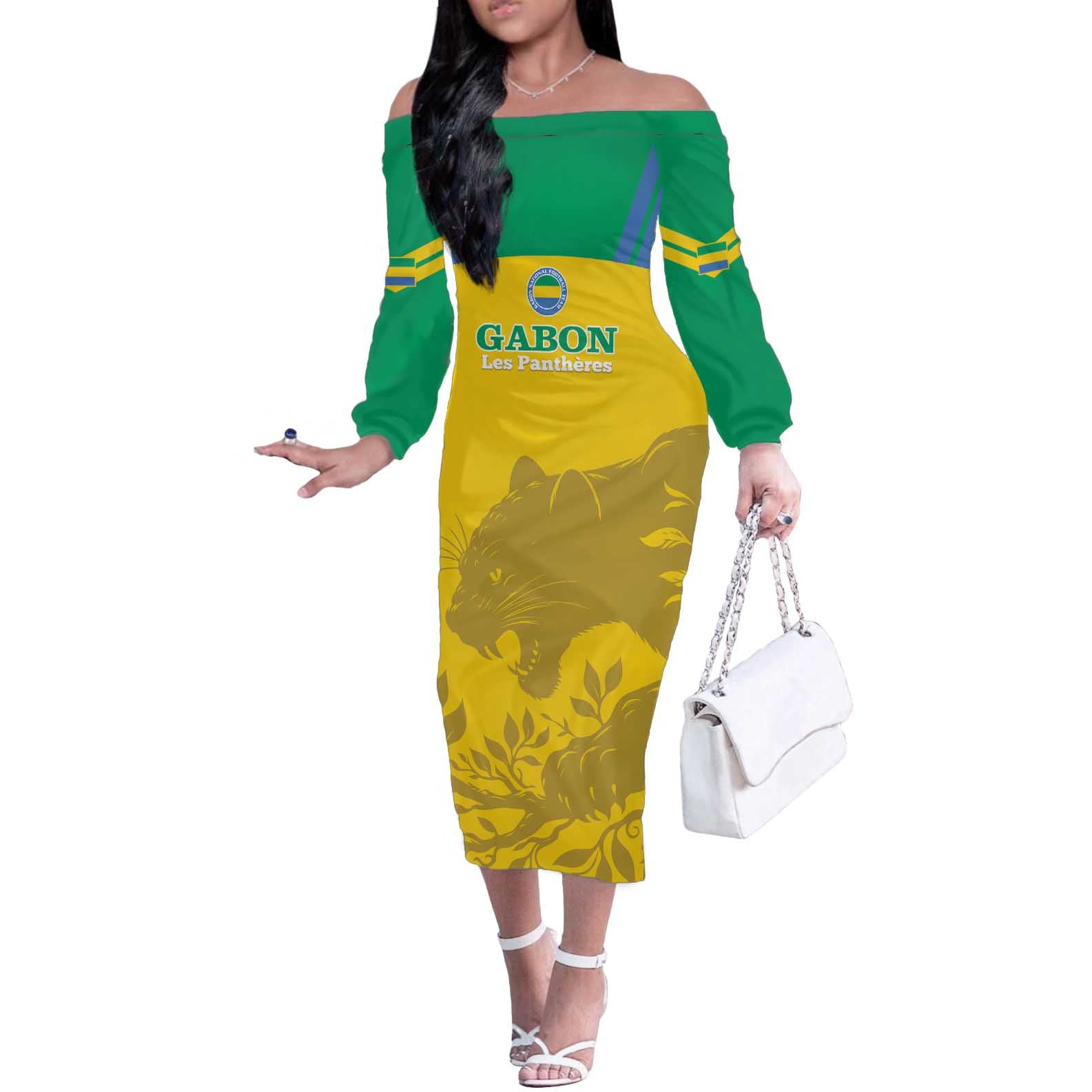 Custom Gabon Football Off The Shoulder Long Sleeve Dress Allez Les Pantheres - Wonder Print Shop