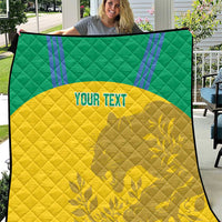 Custom football quilt blanket large view, green and yellow with “YOUR TEXT” centered logo