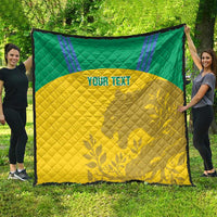 Custom football quilt blanket with green and yellow panels and “YOUR TEXT” center design