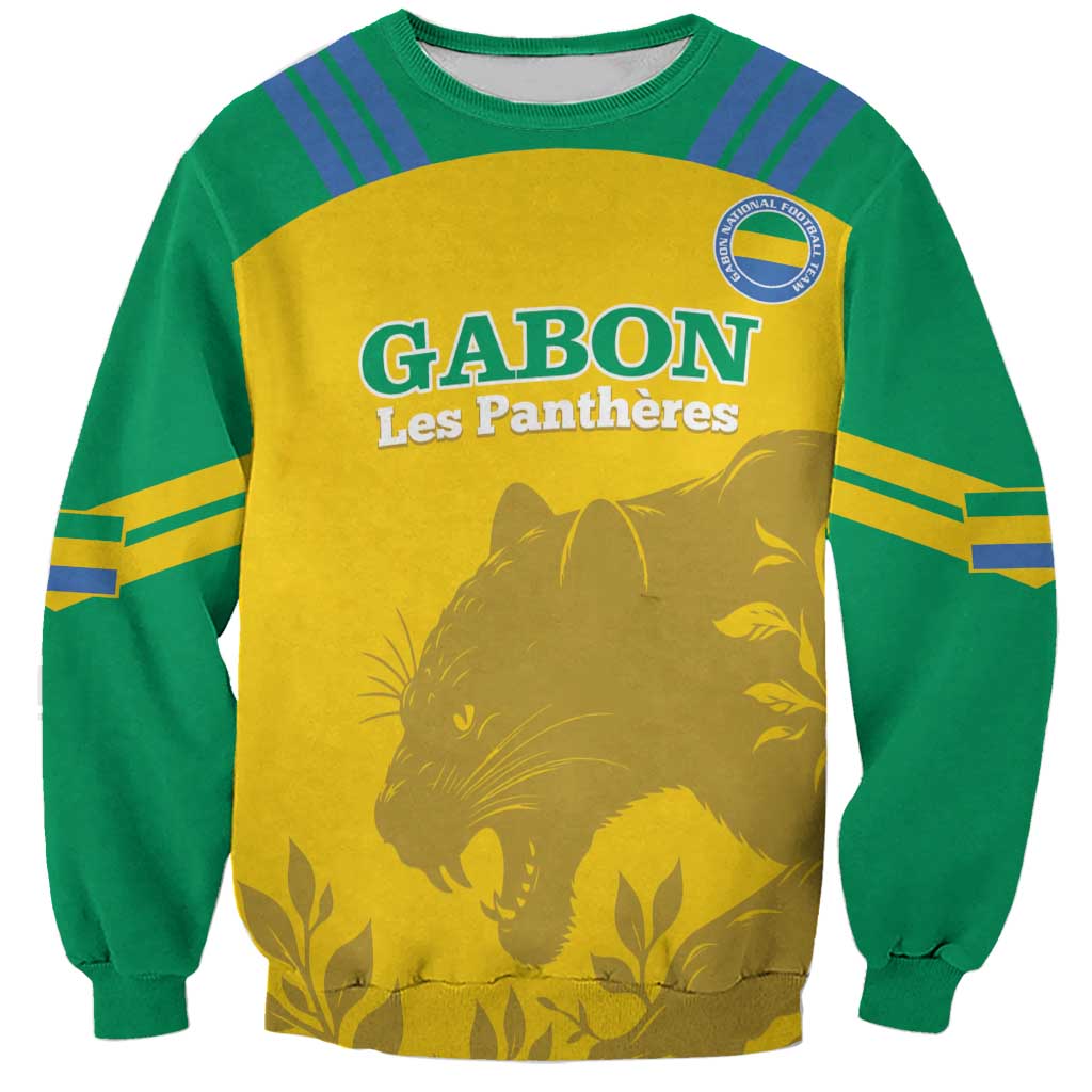 Green and yellow crewneck sweatshirt with front panther graphic and text GABON