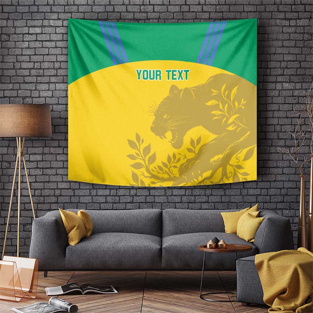 Green and gold football tapestry featuring a roaring lion, leaves, and 'Your Text'.