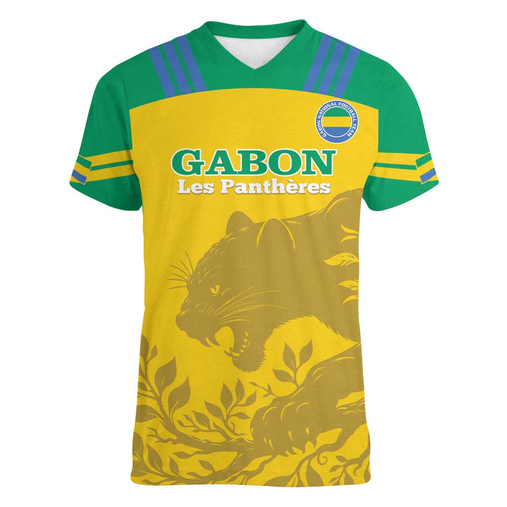 Custom Gabon Football Women V-Neck T-Shirt Allez Les Pantheres - Wonder Print Shop